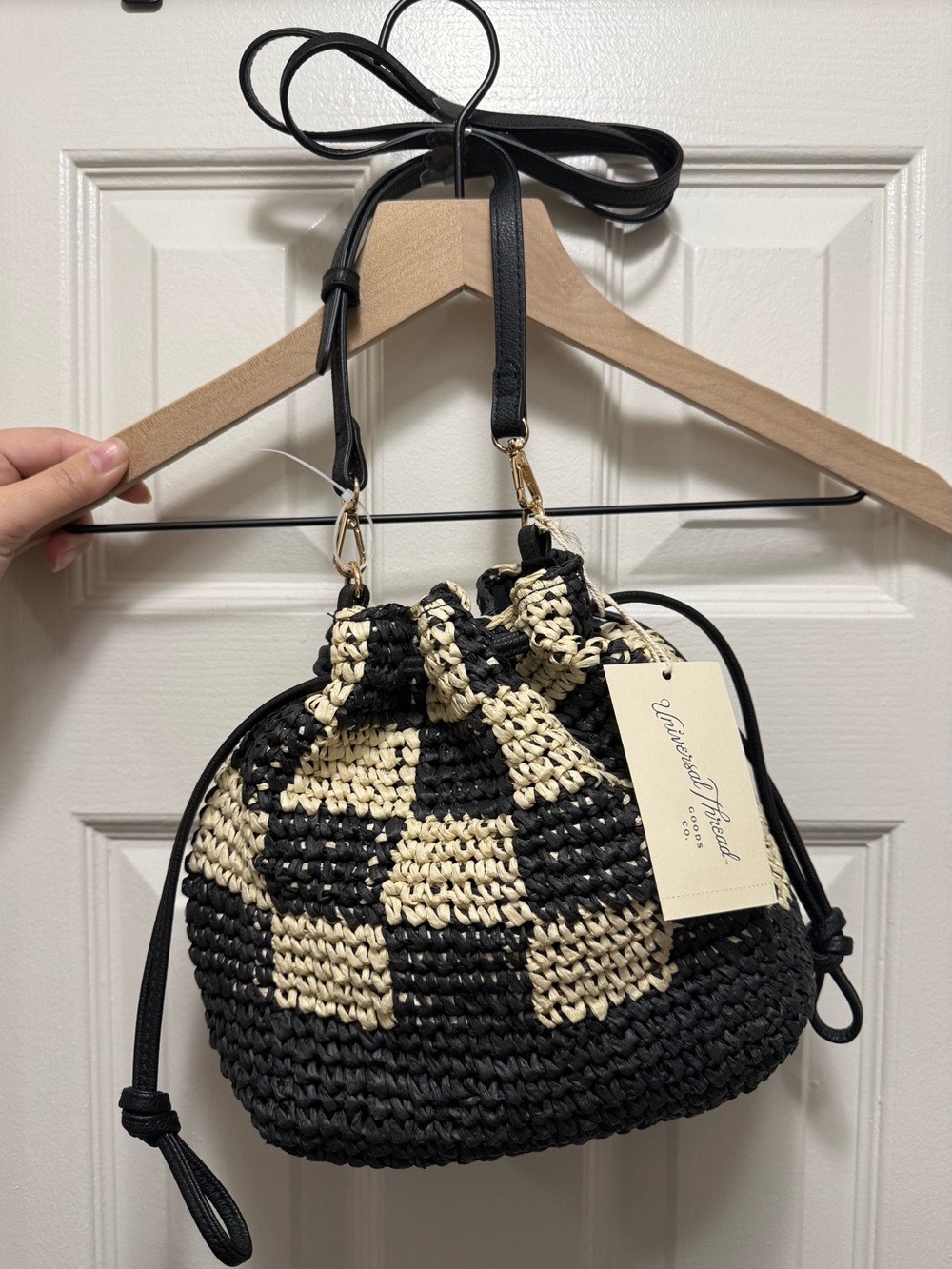 Woven Check Drawstring Crossbody Bag - Black & Natural